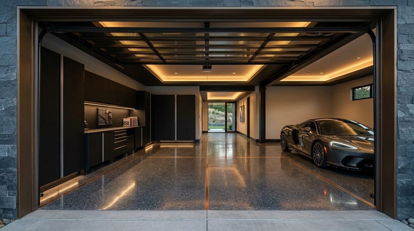 Tabitha Fields Garage Doors Repairs Interior View of Custom Garage Door Overhead and Workshop